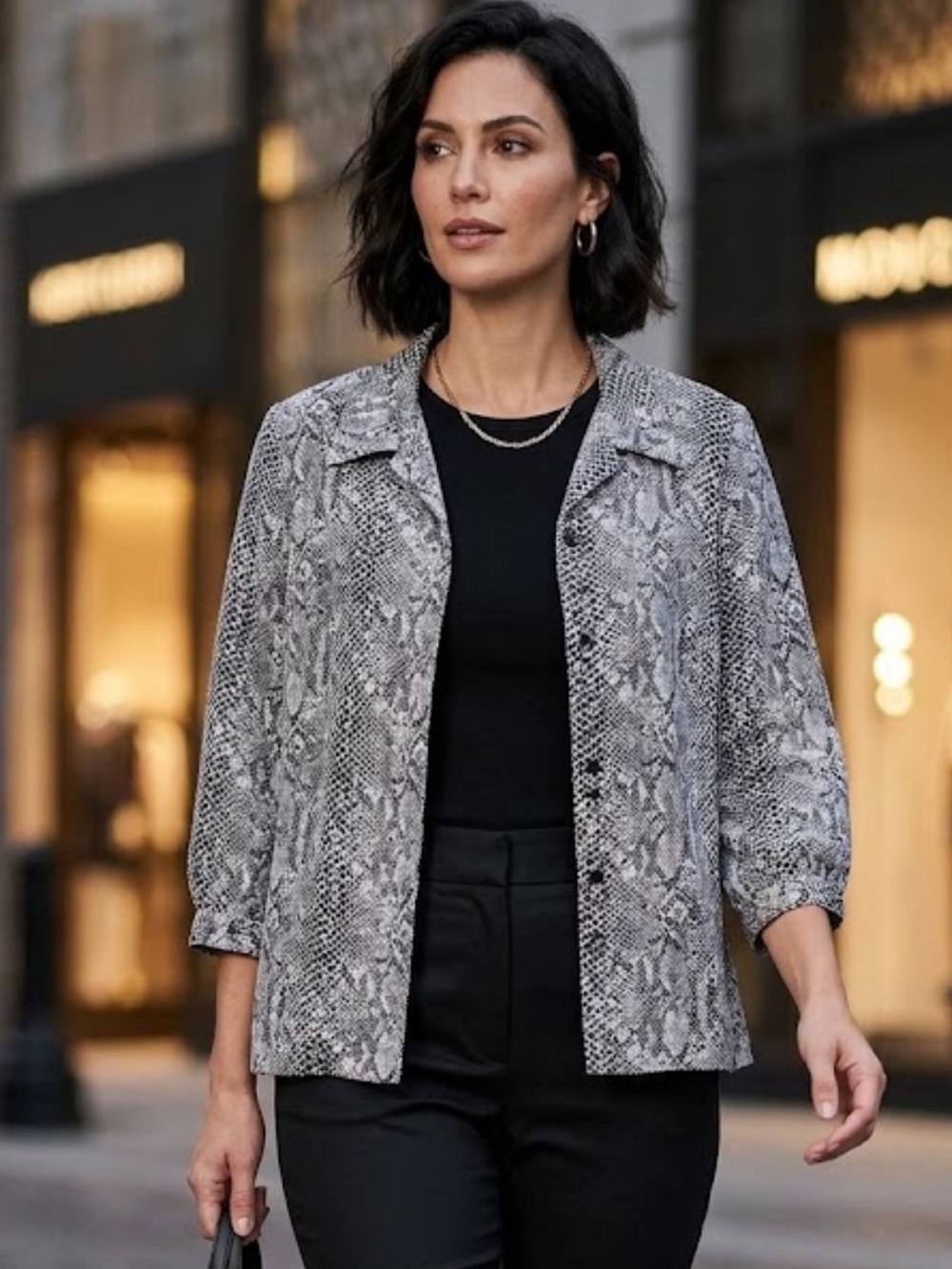 Silkland 100% Silk Snake Print Blouse Button Front 3/4 Sleeve Shoulder Pads 16
R